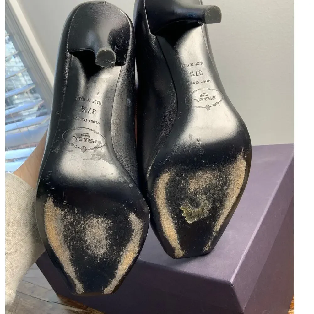 Prada Capretto Pretty‎ Nero Authentic Black Peep Toe Pumps size 37.5 - Picture 9 of 9